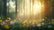 © Nano Photos - A sunlit forest features an array of colorful wildflowers in full bloom, creating a tranquil and picturesque natural scene.