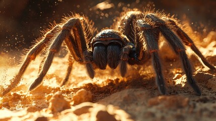 A macro shot of s fangs and silk spinnerets as it prepares to build a shelter in a sandy environment.