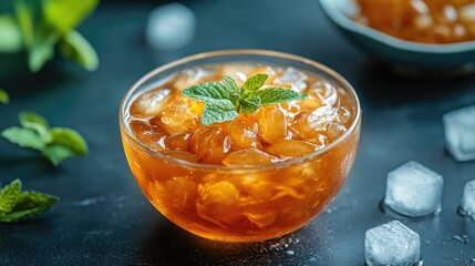 A refreshing dessert of chilled longans in syrup, served in a glass bowl with ice cubes and a garnish of mint, perfect for a tropical treat.