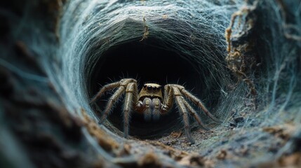 A spider resting inside a funnel-shaped web, its body barely visible within the depths of its carefully crafted home.