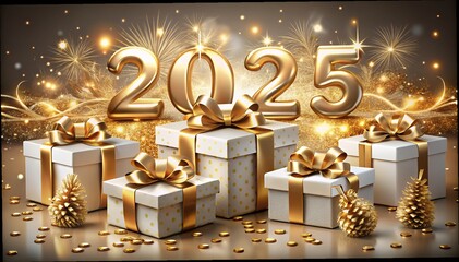 Wall Mural - 3d rendering of golden light shine particles bokeh over red background and the numbers 2025 in gold 