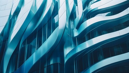 Wall Mural - Fluid Blue Structures: An Abstract Exploration of Modern Architecture and Urban Reflection