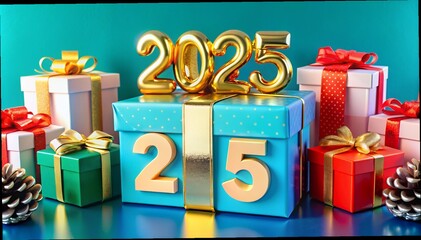 Wall Mural - 3d rendering of golden light shine particles bokeh over red background and the numbers 2025 in gold 
