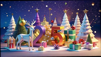Wall Mural - 3d rendering of golden light shine particles bokeh over red background and the numbers 2025 in gold 