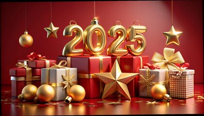 Wall Mural - 3d rendering of golden light shine particles bokeh over red background and the numbers 2025 in gold 