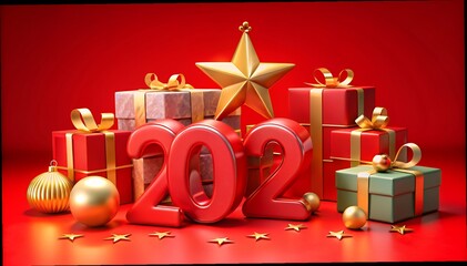 Wall Mural - 3d rendering of golden light shine particles bokeh over red background and the numbers 2025 in gold 