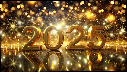Wall Mural - 3d rendering of golden light shine particles bokeh over red background and the numbers 2025 in gold 