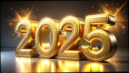 Wall Mural - 3d rendering of golden light shine particles bokeh over red background and the numbers 2025 in gold 