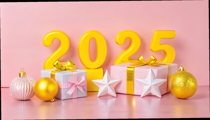 Wall Mural - 3d rendering of golden light shine particles bokeh over red background and the numbers 2025 in gold 