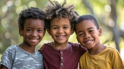 Wall Mural - A heartwarming close-up of three diverse children, smiling joyfully