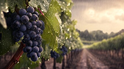 A close-up of a bunch of red grapes on a vine with rain falling in the background.