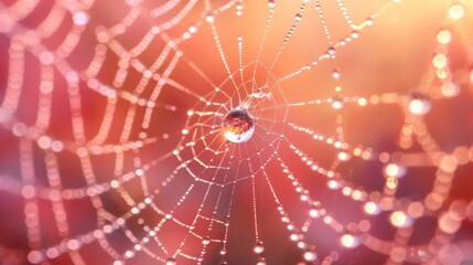 Shimmering Water Droplets on a Spider Web in High-Resolution

