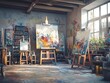 © nurionstudio - A messy art studio with multiple easels and paintings, with a large window allowing sunlight to stream in.