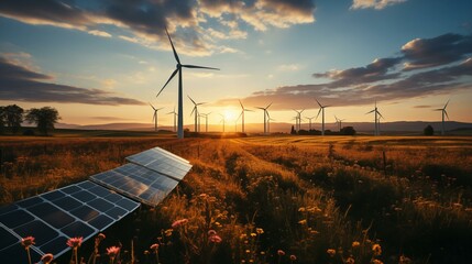 A field of wind turbines with a solar panel in the foreground