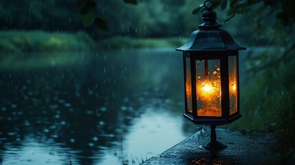 Sticker - A single lantern illuminates a dark river scene with rain falling softly, creating a tranquil atmosphere.