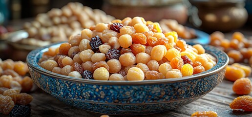 Wall Mural - A bowl of dried fruits, including raisins, apricots, and other fruits.