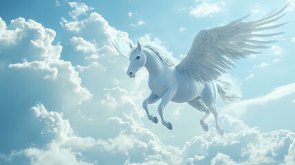 Wall Mural - A white pegasus with luxurious spread wings in flight against a background of blue sky and white clouds. concept: mythical animal. Pegasus Flight. Illustration