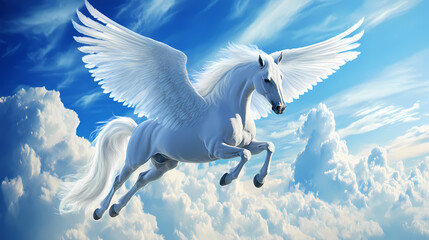 Wall Mural - A white pegasus with luxurious spread wings in flight against a background of blue sky and white clouds. concept: mythical animal. Pegasus Flight. Illustration