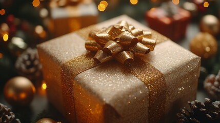 A gold gift box with a large bow sits amongst pine branches, pinecones, and ornaments.