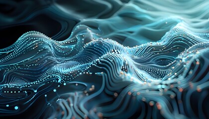 Futuristic digital sea with abstract waves, floating particles, and intricate patterns representing technology and communication in a cyber abyss