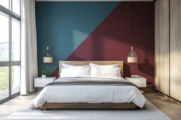 Interior of modern bedroom with double bed and white linen, color ful wall with patterns. Accent wall with maroon and blue diagonal wall paint. generative ai