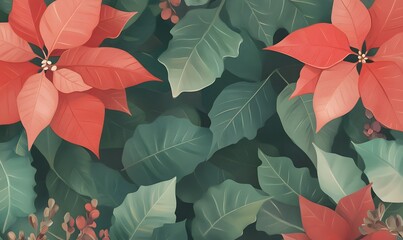 Canvas Print - Illustration of a vibrant red poinsettia surrounded by lush green leaves. Generative AI