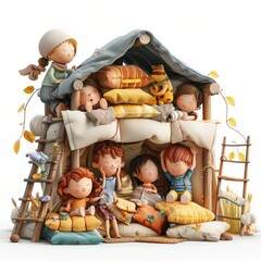 Wall Mural - Cartoon 3D children building a fort with pillows and blankets Isolated white background