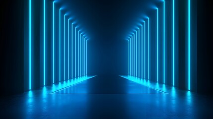 Wall Mural - 1. A striking 3D render of an abstract dark studio room illuminated by a vibrant blue neon searchlight, casting dramatic shadows and creating a spotlight effect for a sleek product showcase