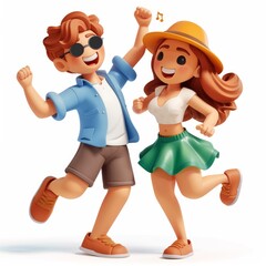 Wall Mural - Cartoon 3D couple dancing to music in the living room Isolated white background