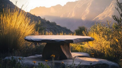 5. A serene outdoor rock table top with a backdrop of towering mountains at sunrise, where the warm light casts gentle shadows, highlighting the raw beauty of the natural environment