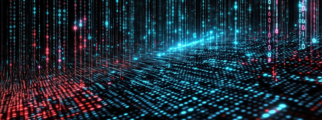 A digital matrix of glowing binary code numbers in blue tones with light drops against a dark background. For programming, data, and tech concepts.