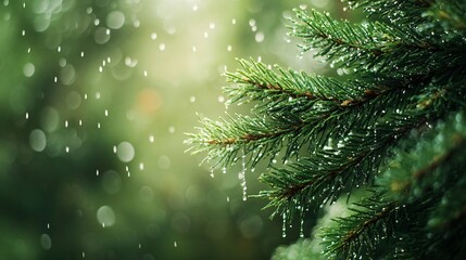 Sticker - Close-up of a pine tree branch with raindrops on a green blurred background.