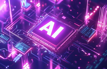 Wall Mural - a digital illustration of ai in bold white letters, floating above an abstract circuit board backgro
