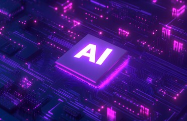Wall Mural - a digital illustration of ai in bold white letters, floating above an abstract circuit board backgro