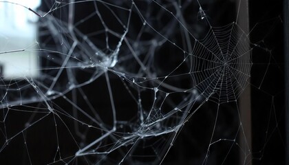Morning dew on a delicate spider web glistens like glass, showcasing the intricate patterns and textures of nature’s delicate network