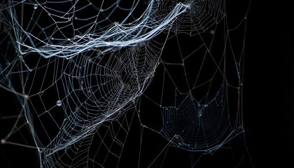 A delicate spider web adorned with glistening dew drops, showcasing intricate patterns in the morning light