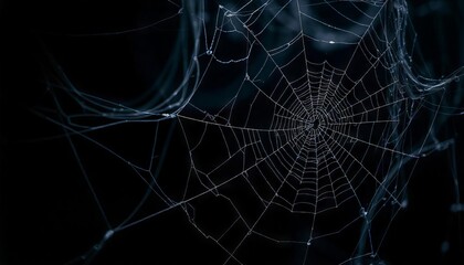 A delicate spider web adorned with shimmering dew drops glistening in the light, showcasing intricate patterns and textures of nature