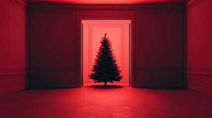 A red room with a single Christmas tree in the center.