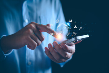 Wall Mural - digital market and business solution concept. businessman holding virtual global internet data conne