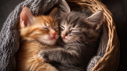 Virtual photo of two kittens snuggling together in a basket, their expressions full of warmth and affection.