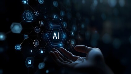 Wall Mural - a hand holding an ai icons representing technology and security on a black background.