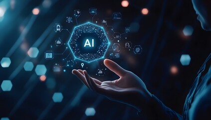 Wall Mural - a hand holding an ai icons representing technology and security on a black background.