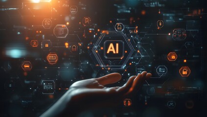Wall Mural - a hand holding an ai icons representing technology and security on a black background.