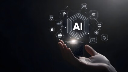 Wall Mural - a hand holding an ai icons representing technology and security on a black background.