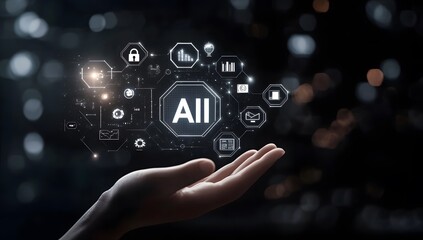 Wall Mural - a hand holding an ai icons representing technology and security on a black background.