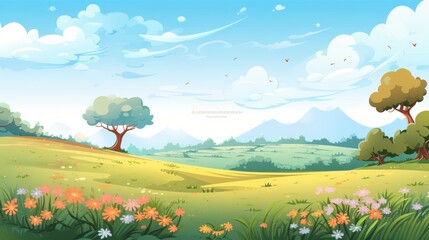 Wall Mural - A Sunny Meadow with Trees, Flowers, and Mountains in the Distance