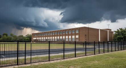 Canvas Print - Dull brown brick high school with metal fences and an empty field in front with stormy clouds gathering