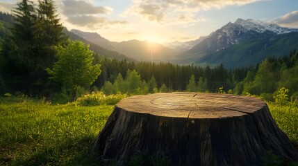 2. A charming wooden stump nestled in a serene green forest, with majestic mountains rising in the background as the sun begins to rise, providing a beautiful setting for showcasing products