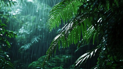 Sticker - Close-up of lush green leaves in a tropical rainforest during a heavy downpour.