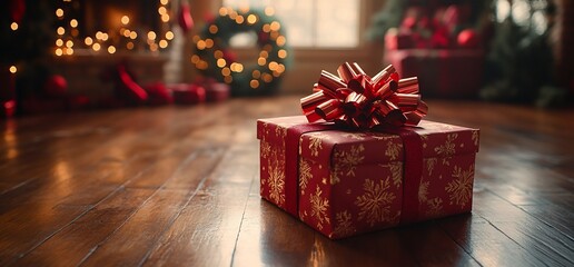 Close-up of a red gift box with a bow on a wooden floor with a blurred Christmas background.